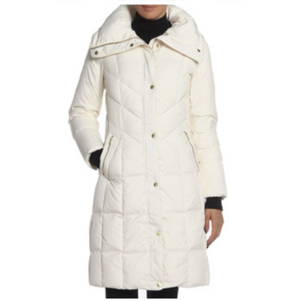 COLE HAAN XS CREAM ASYMMETRICAL ZIP LONG DOWN & FEATHER FILL COAT GOLD HARDWARE